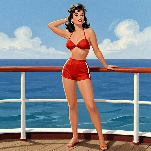 Digital illustration of a curvy woman with black hair in a red bikini top and shorts, standing on a ship's deck, ocean and blue sky in