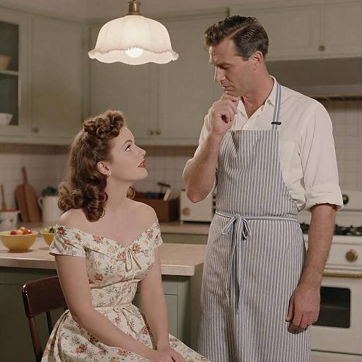 1950s Kitchen Couple in Thoughtful Pose