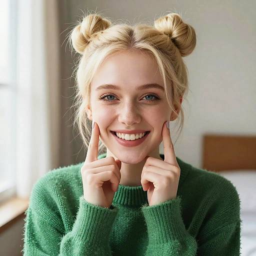 Photograph of a smiling young blonde woman with double buns, green sweater, blue eyes, and fingers gently touching her cheeks. Brightly lit room