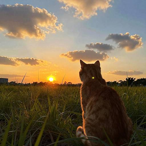 Cat Watching Sunset in Tall Grass