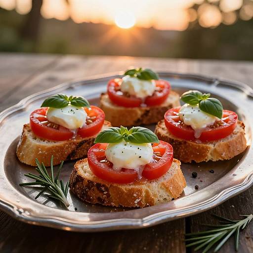 Photograph of four mini tomato and mozzarella bruschetta on a silver plate, garnished with basil, against a sunset-lit background.