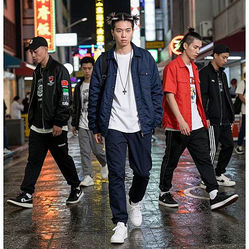 Photograph of five Asian men in urban streetwear walking on a wet, neon-lit city street at night, with diverse colorful signs in the background