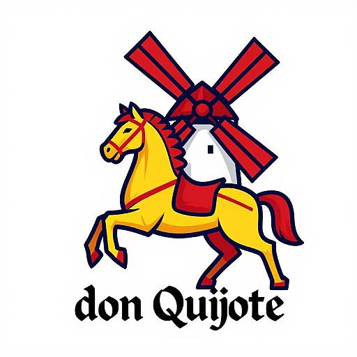 Digital illustration of a yellow horse with red saddle and bridle, leaping with a red windmill behind it. Text reads 