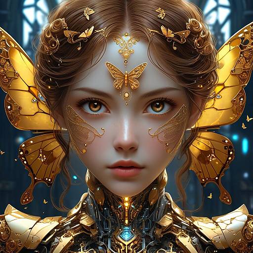 Digital art of a young woman with fair skin, brown hair, and golden insect-themed armor, featuring butterfly wings and intricate designs, with a glowing blue