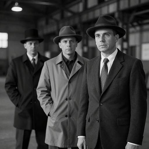 Three Men in Dim Warehouse Portrait
