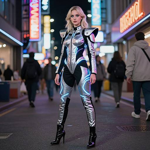 Photograph of a blonde woman in a futuristic, metallic silver and black bodysuit with neon blue accents, standing confidently in a brightly lit, neon