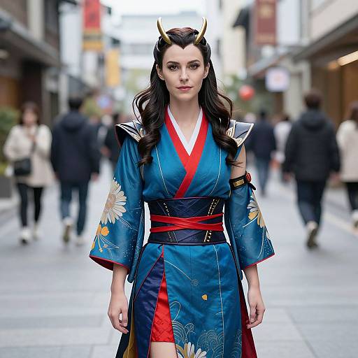 Digital art: Asian woman with dark hair, blue and red kimono, gold horns, walking confidently on a busy city street. Blurred pedestrians in