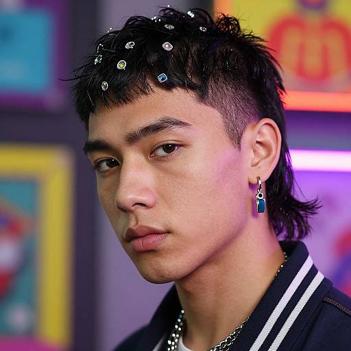 Photograph of a young Asian man with short, spiked black hair adorned with small beads, wearing a black and white striped shirt, and a blue e
