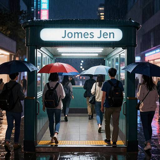 Rainy Night Subway Entrance with Umbrella Commuters