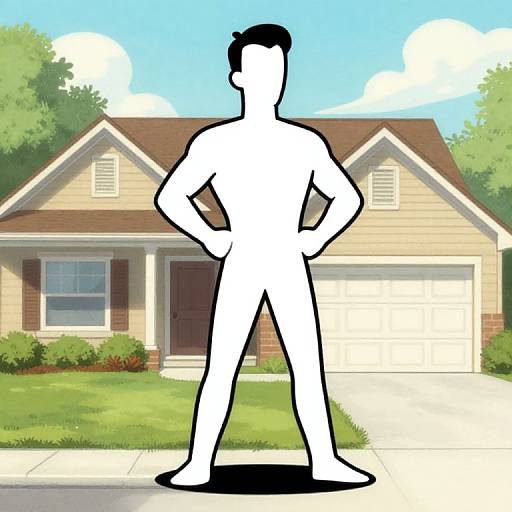 Digital drawing of a white, silhouette-style, nude male figure with hands on hips standing in front of a suburban, beige house with a brown roof and