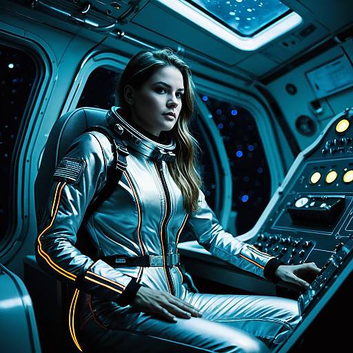 Female Astronaut in Futuristic Spacecraft Cockpit
