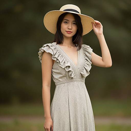Asian woman with fair skin, black hair, wearing a white ruffled dress and straw hat, standing outdoors against a blurred green background.