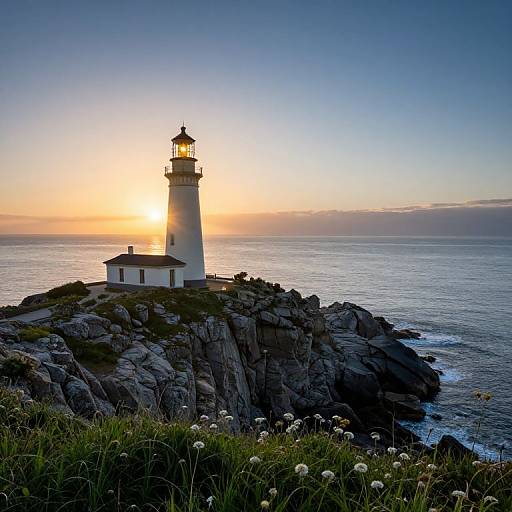 Photograph of a white lighthouse with a black top, standing on rocky cliffs at sunset, with golden sky and ocean waves.