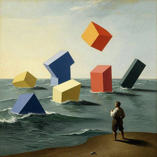 Surreal painting of a boy on a beach, watching colorful, floating, three-dimensional cubes in the ocean under a bright sky.