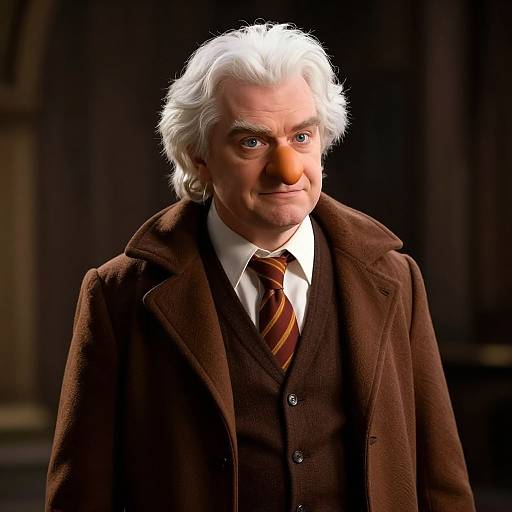 Photograph of an older man with white hair, wearing a brown coat, white shirt, and striped tie, standing against a dark, blurred background.