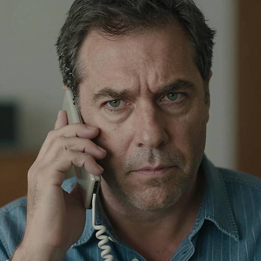 Middle-aged man talking on corded phone