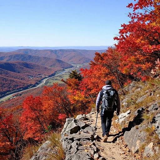 Hiker with backpack, trekking poles, and grey jacket walks a rocky trail through vibrant red autumn foliage, overlooking a vast, colorful valley.