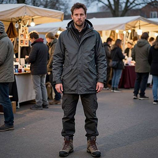 Photograph of a bearded man in a dark jacket and pants, standing in front of a bustling outdoor market at dusk.