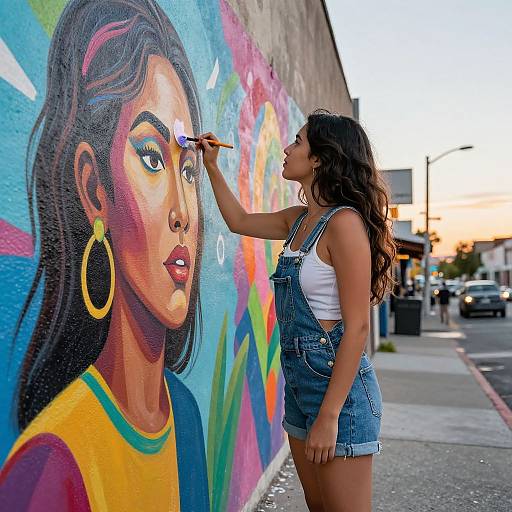 Photograph of a woman with long, wavy brown hair, wearing denim overalls and a white tank top, painting a vibrant mural of a woman