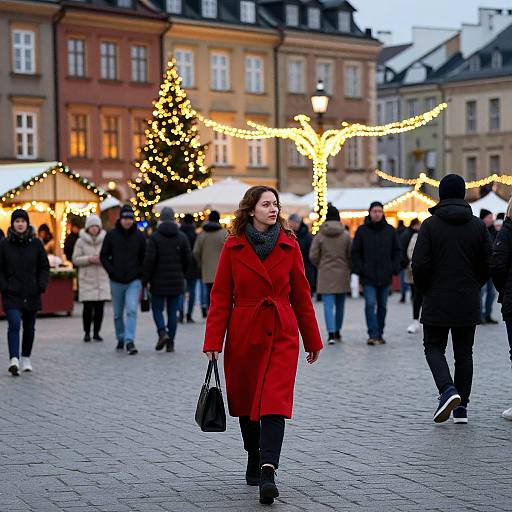 Photograph of a smiling woman in a red coat, black scarf, and black handbag, walking through a festive, brightly lit town square with Christmas
