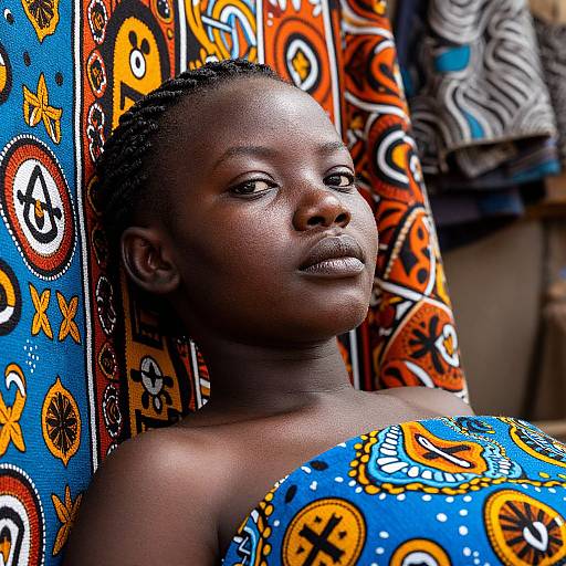 Photograph of a dark-skinned woman with braided hair, wearing a vibrant, patterned blue and orange dress, seated against a colorful, textured