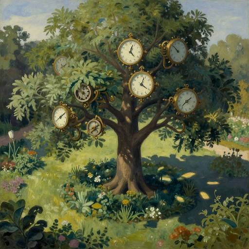 Painting of a lush, green tree with nine ornate, gold-framed clocks on its branches, surrounded by vibrant flowers and foliage under a blue