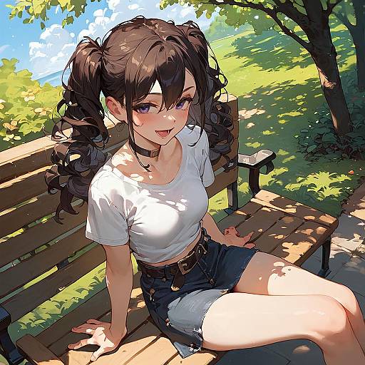 Joyful Anime Girl Sitting on Park Bench