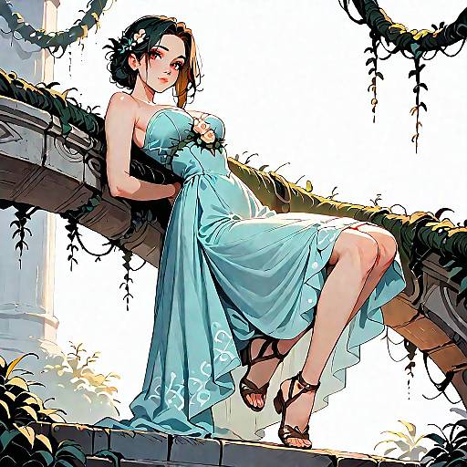 Elegant Woman in Strapless Maxi Dress on Mediterranean Staircase