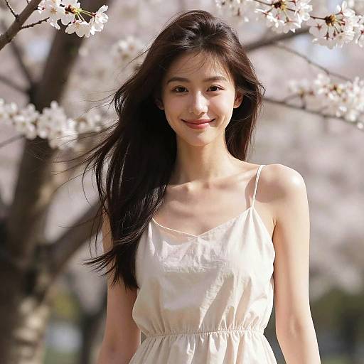 Smiling Woman in Cherry Blossom Park