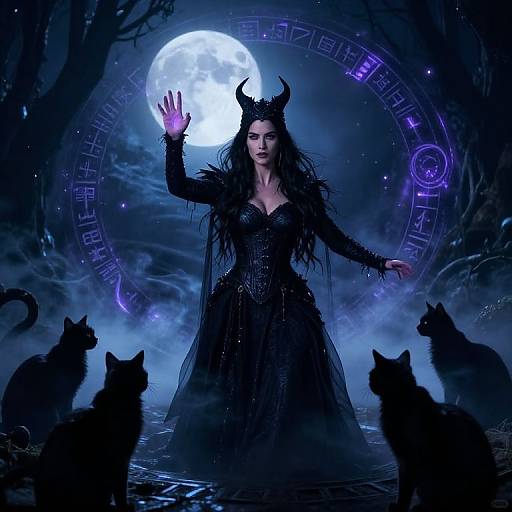 Digital art: Dark, mystical witch with black horns, flowing dress, glowing hand, surrounded by four black cats, full moon, and glowing runes in