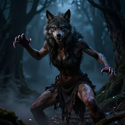 Digital artwork of a muscular werewolf with glowing red eyes, sharp claws, and tattered fur clothing, snarling in a dark, misty