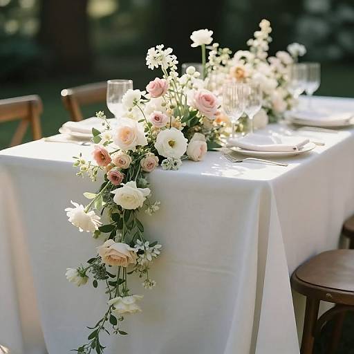 Photograph of an elegant outdoor table with a white tablecloth, adorned with a cascading floral garland of white and pink roses and daisies
