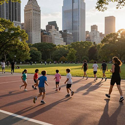 Photograph of diverse children running on a sunlit urban tennis court, surrounded by green park, with tall skyscrapers in the background.