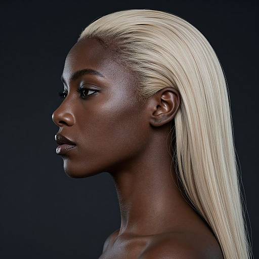 Photograph of a dark-skinned woman with long, sleek platinum blonde hair, side profile, against a black background, showcasing smooth skin and elegant features