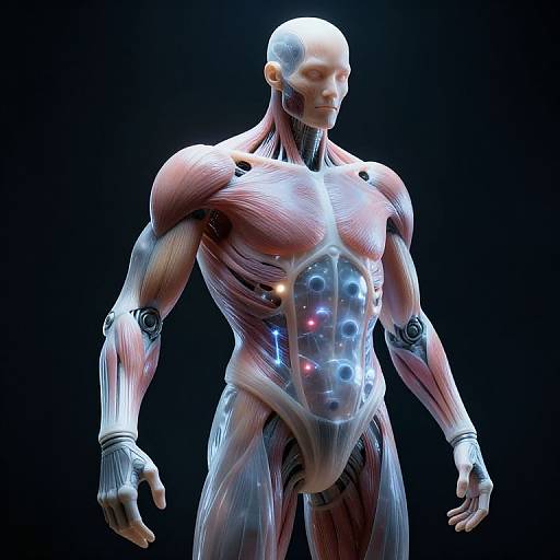  CGI image of a futuristic, muscular humanoid robot with transparent, glowing internal organs and blue highlights, standing against a black background.