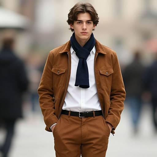 Photograph of a young man with wavy brown hair, wearing a brown corduroy jacket, white shirt, black scarf, and brown pants,
