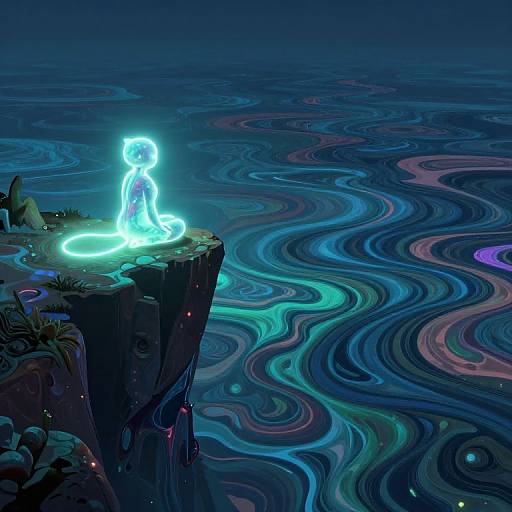 Digital artwork of a glowing, neon blue, ethereal figure sitting on a cliff, overlooking a mesmerizing, swirling ocean of vibrant blues, purples