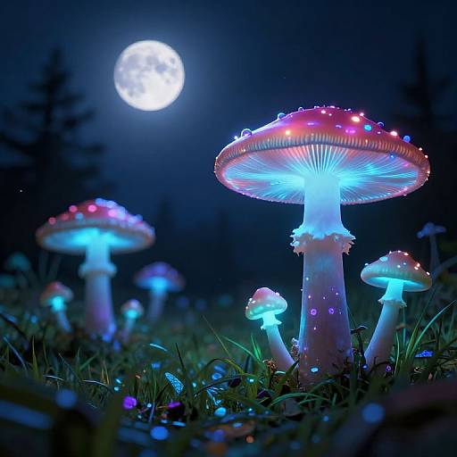 Neon Mushrooms in Surreal Moonlit Meadow