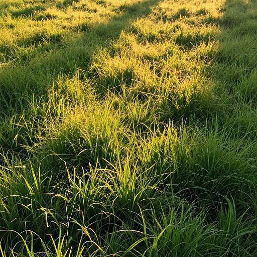Photograph of sunlit green grass with long blades, casting shadows, creating a textured, dappled light effect in a natural field.