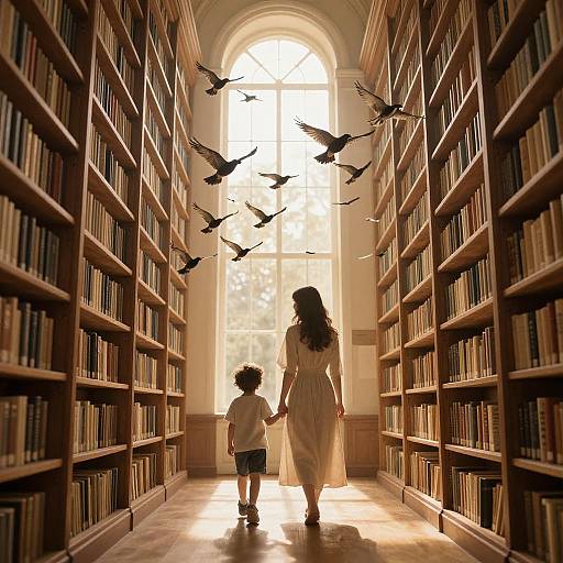 Photograph of a mother and child holding hands, walking down a sunlit library aisle, with birds flying above them.