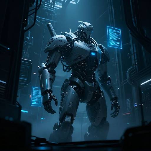 CGI image of a futuristic, blue-lit, metallic humanoid robot with glowing screens and intricate machinery, standing in a dimly lit, high-tech
