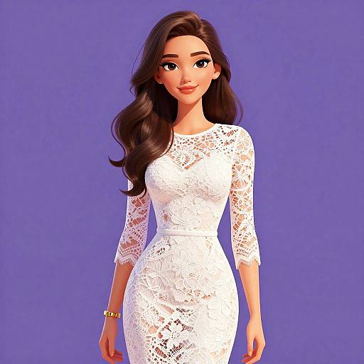 Digital illustration of a beautiful woman with long, wavy brown hair, wearing a white lace dress, standing against a solid blue background. She has a