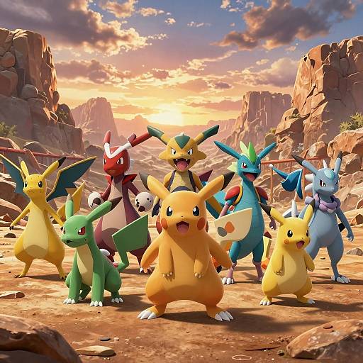 Digital CGI image of seven Pokémon, including Pikachu, Raichu, Raikou, Suicune, Ampharos, Flygon, and