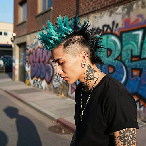 Photograph of a punk-style man with turquoise spiky hair, black t-shirt, tattoos, and piercings, standing on a graffiti-covered urban