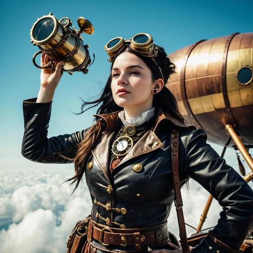 Steampunk Aviator Woman with Brass Goggles and Airship