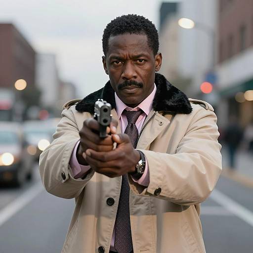 Determined Man with Handgun in Urban Scene