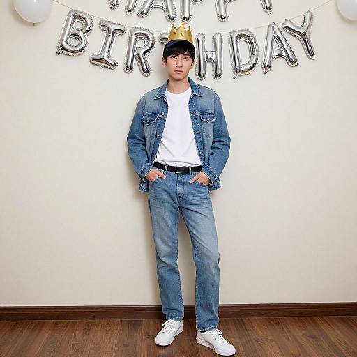 Photograph of a young Asian man wearing a black cap, denim jacket, white t-shirt, blue jeans, and white sneakers, standing against a white