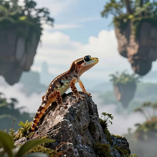 Photorealistic CGI of a colorful, patterned lizard perched on a mossy rock, with towering, mist-covered cliffside trees in the background