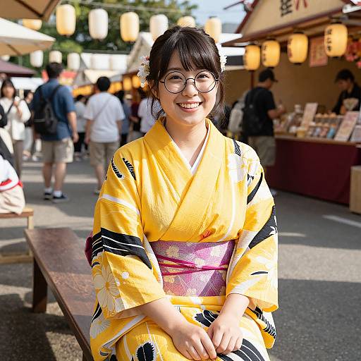 Photograph of a smiling Japanese woman with glasses, wearing a yellow kimono with black and white patterns, and a pink obi, seated outdoors at