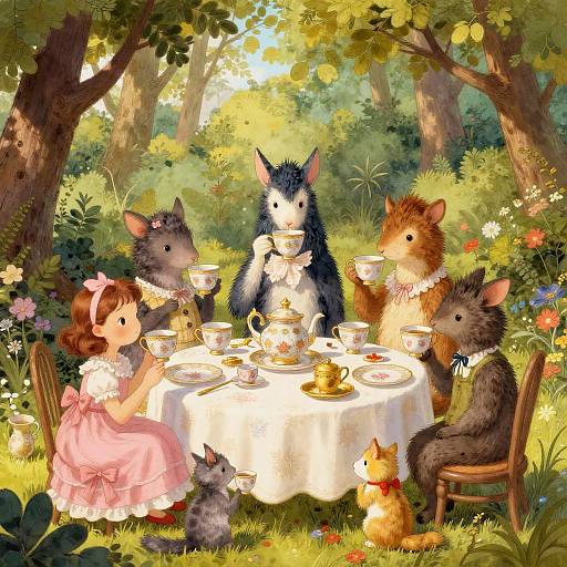 Whimsical digital painting of a young girl in a pink dress, surrounded by anthropomorphic mice having tea, in a sunlit forest clearing.